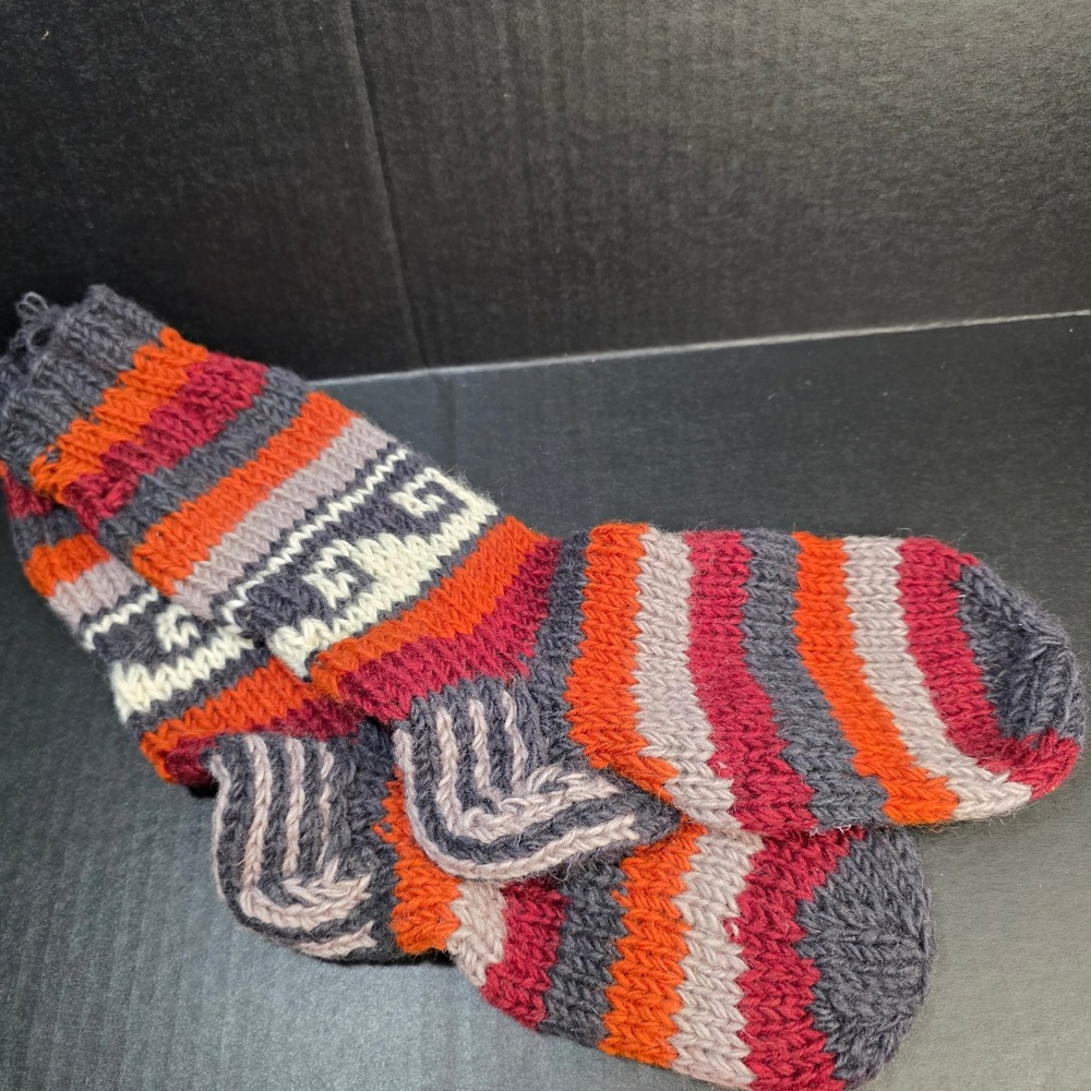 Hand Knit Socks Unisex L/XL Multicolor Striped Fair Isle Thick Wool Yarn